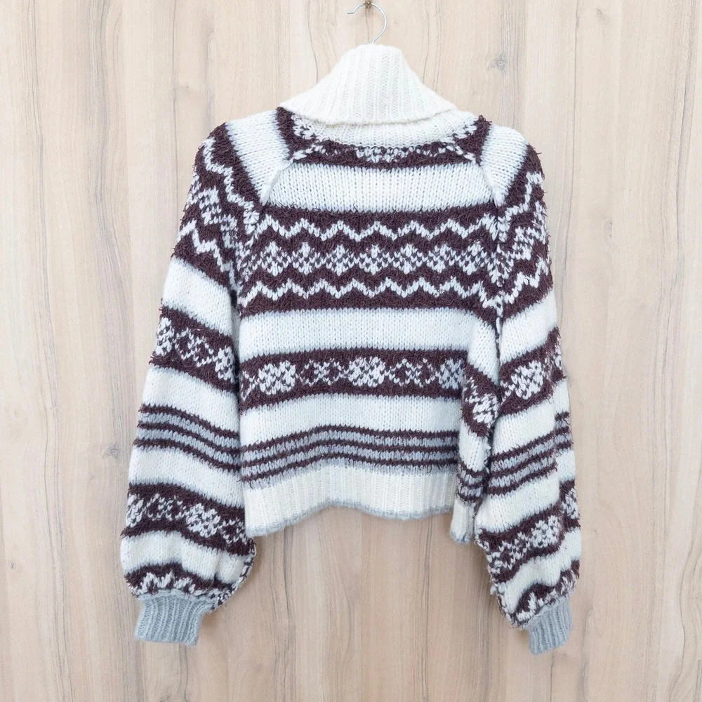 Free People Fair‎ Isle Oversized Turtleneck Sweater Sz M Brown White Apres Ski
